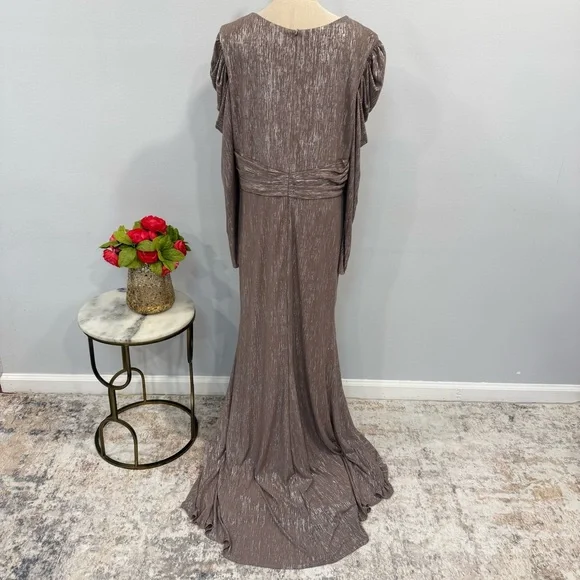 Mac Duggal 49503 Mauve Taupe Metallic Faux Wrap Draped Puff Sleeve Gown -Reemoly